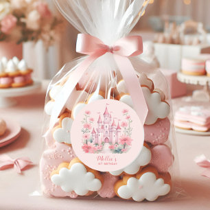 Adesivo Redondo Little Girls primeiro aniversario Pink Castle Prin