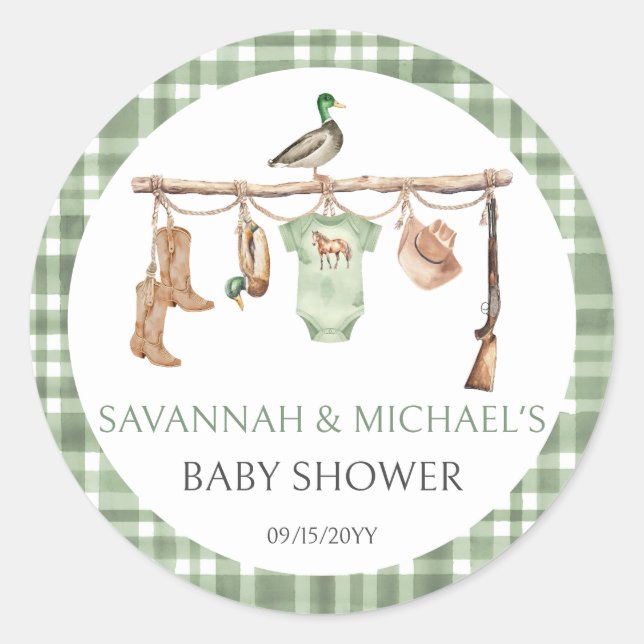 Adesivo Redondo Little hunter Hunting Baby Shower (Frente)