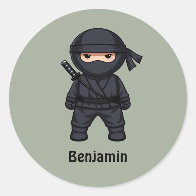 Adesivo Redondo Little Ninja Warrior on Sage Green (Frente)