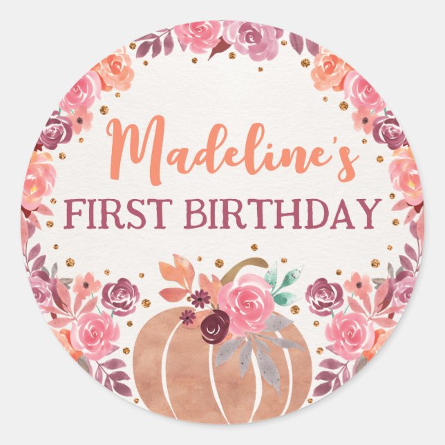 Adesivo Redondo Little Pumpkin Boho Floral 1st Bday Sticker (Frente)