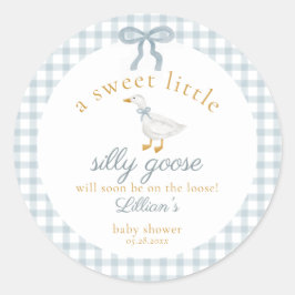 Adesivo Redondo Little Silly Goose Bow Baby Shower Blue Gingham
