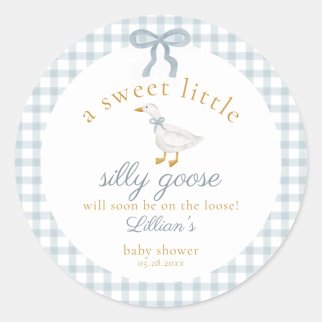 Adesivo Redondo Little Silly Goose Bow Baby Shower Blue Gingham  (Frente)