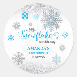 Adesivo Redondo Little Snowflake Blue Silver Glittery Baby Shower 