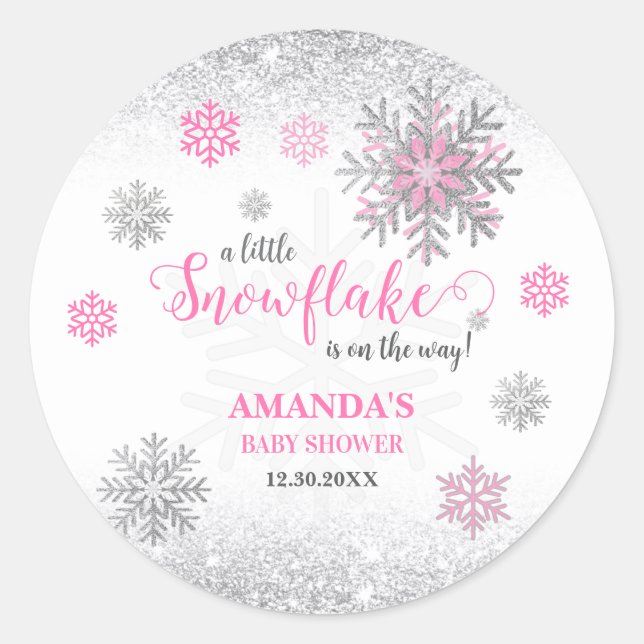Adesivo Redondo Little Snowflake Pink Silver Glittery Baby Shower  (Frente)