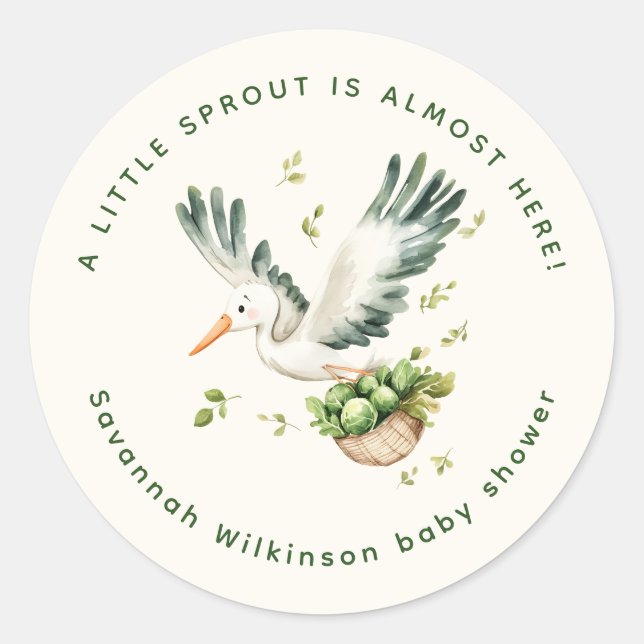 Adesivo Redondo Little Sprout Baby Shower Stork Sticker (Frente)