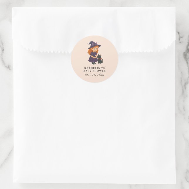 Adesivo Redondo Little Witch & Cat Halloween Girl Baby Shower (Bolsa)