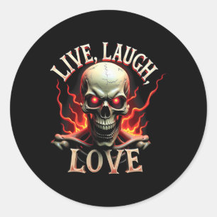 Adesivo Redondo Live Laugh Love Skeleton Skull Assustador Irônico 