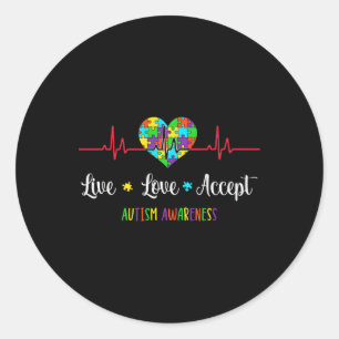 Adesivo Redondo Live Love Accept Autism Awarness Hearbeat Blue A