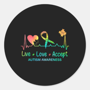 Adesivo Redondo Live Love Aceitar Autismo Mês Tie Dye Men Mulheres