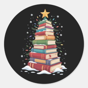 Adesivo Redondo Livro Árvore de Natal Professor Bibliófilo Bibliot