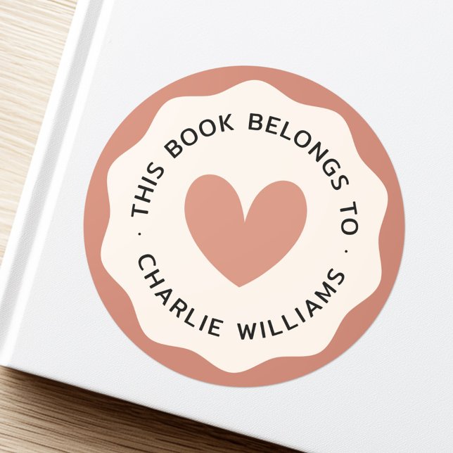 Adesivo Redondo Livro da biblioteca de creme de terracotta de bord (Heart wavy border terracotta cream library book classic round sticker)