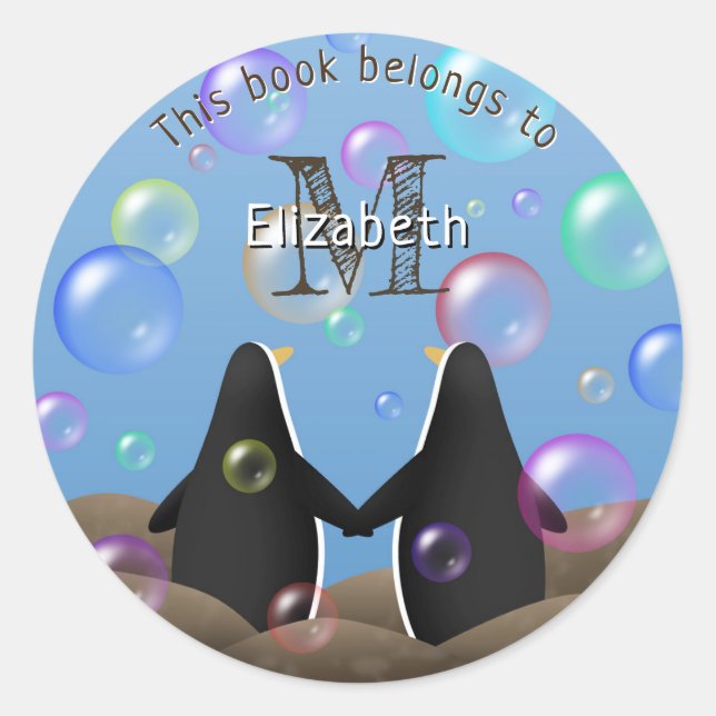 Adesivo Redondo livro de amigos e bolhas de pinguim (Frente)