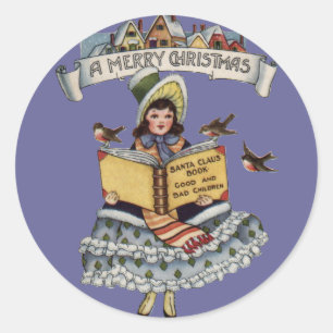 Adesivo Redondo Livro Menina Antiga e Papai Noel do Natal