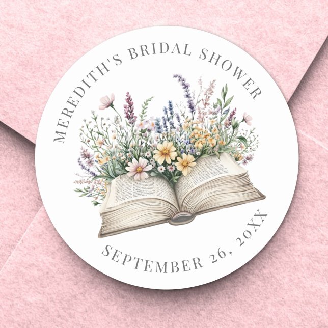 Adesivo Redondo Livro Novo Capítulo Chá de Panela da Noiva Margari (Book New Chapter Wildflower Bridal Shower Classic Round Sticker )