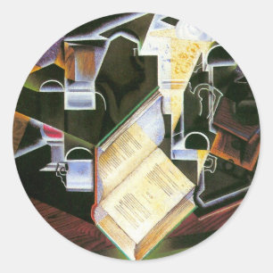 Adesivo Redondo Livro, Pipe e Óculos, Juan Gris, Cubismo Vintage