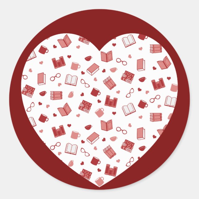 Adesivo Redondo Livro Vermelho e Padrões de Leitura Cute no coraçã (Frente)