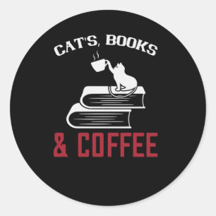 Adesivo Redondo Livros de gatos e café