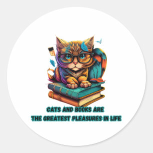 Adesivo Redondo Livros de gatos vida prazer literatura amiga felin