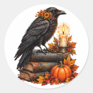 Adesivo Redondo Livros de Halloween da Abóbora do Corvo Gótico