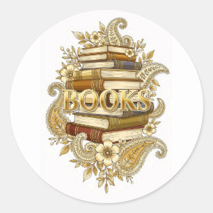 Adesivo Redondo Livros Leitores Escritores Bibliófilos Tom Dourado