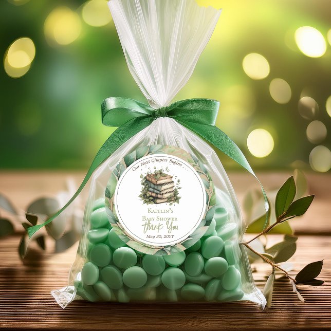 Adesivo Redondo Livros Nosso Próximo Chá de fraldas Do Capítulo Ob (Rustic Vintage Look Elegance "Our Next Chapter Begins . . ." Books Leaves Baby Shower Favor Sticker)