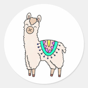Adesivo Redondo llama alpaca de desenho animado sorridente e feliz