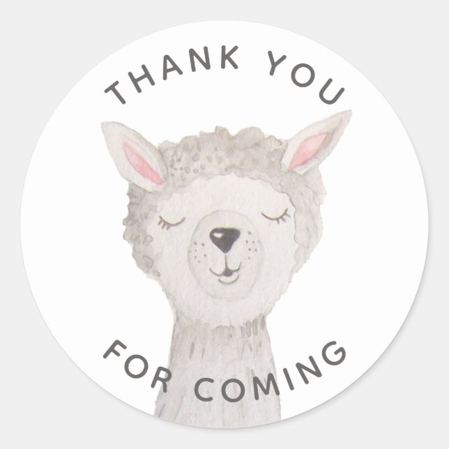 Adesivo Redondo Llama Baby Shower Thank You | Cute Alpaca Animal (Frente)