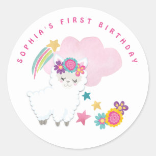 Adesivo Redondo Llama branco-claro Nome Festa de aniversário bran