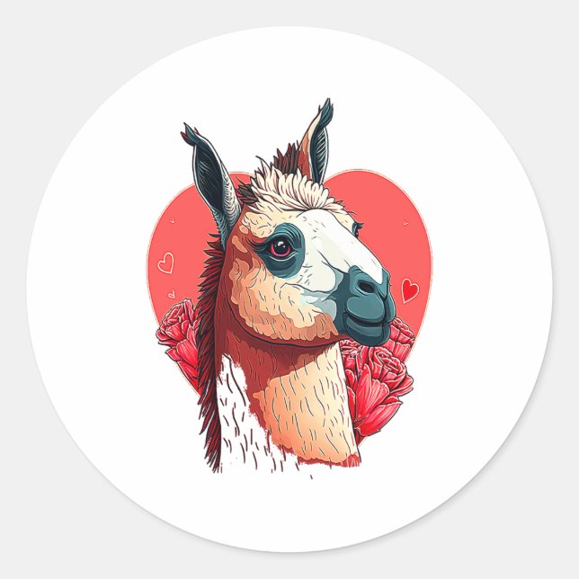 Adesivo Redondo Llama Cute Alpaca Valentines Day Animal  (Frente)