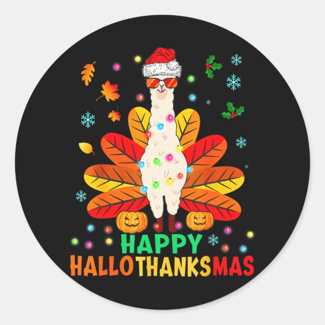 Adesivo Redondo Llama Happy Hallothanksmas Turkey Pumpkin (Frente)