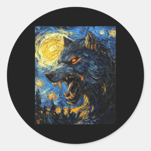 Adesivo Redondo Lobisomem Lobo - Estilo Van Gogh - Starry Nig