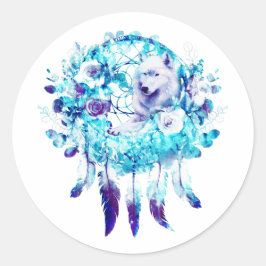 Adesivo Redondo Lobo Branco Dreamcatcher Blue Floral