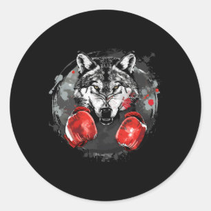 Adesivo Redondo Lobo de Boxe Com Luvas de Boxe Kickboxing Engraçad