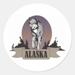 Adesivo Redondo Lobo ou chacal entre pinheiros em Alaska
