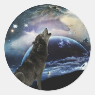 Adesivo Redondo Lobo que urra na lua