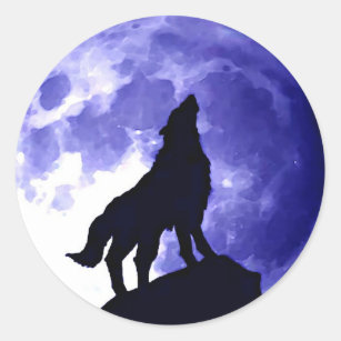 Adesivo Redondo Lobo que urra na noite azul Fullmoon da lua