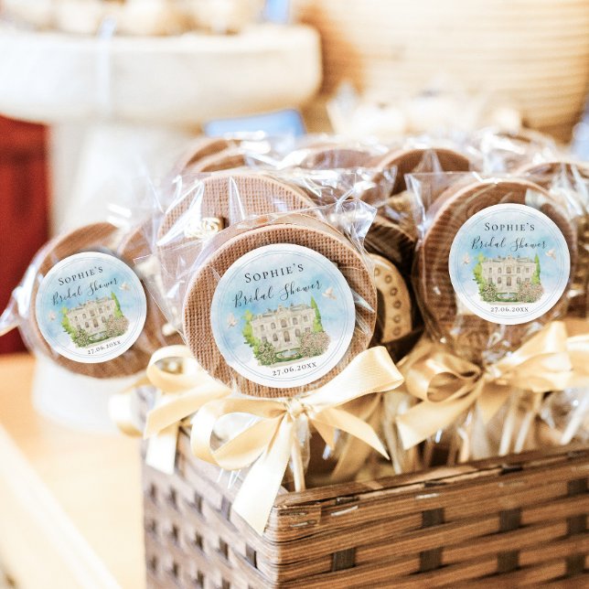 Adesivo Redondo Local Elegante Fonte de Pombas Flores Chá de Noiva (Criador carregado)