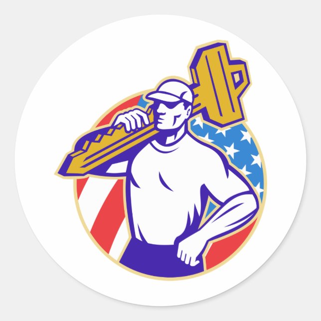 Adesivo Redondo Locksmith com chave de retenção com bandeira ameri (Frente)