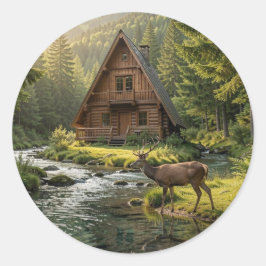 Adesivo Redondo Log Cabin, Stream, Mountains and Deer Nature Art