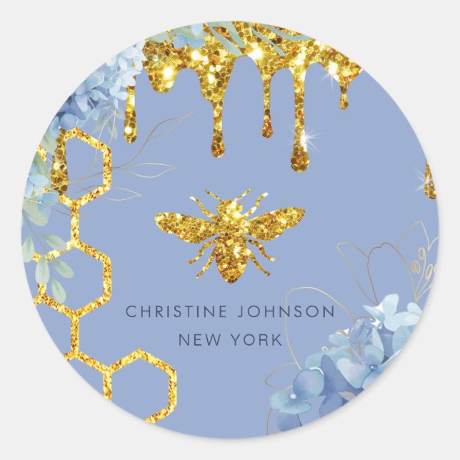 Adesivo Redondo logótipo da abelha e hydrangea azul (Frente)