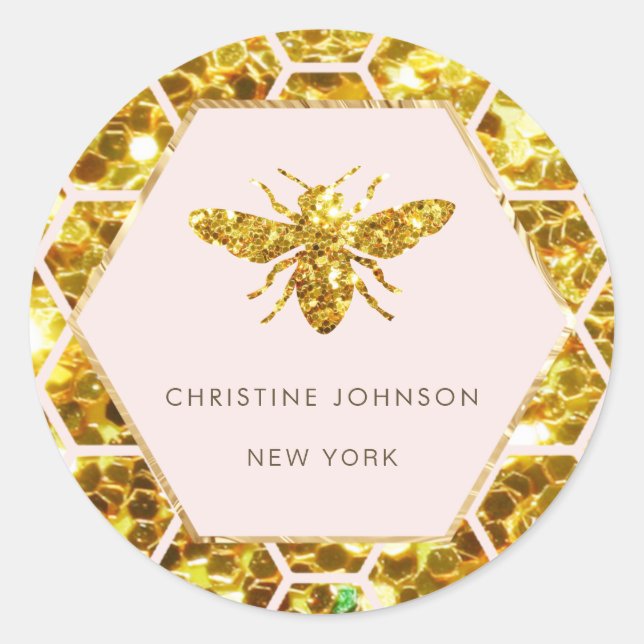 Adesivo Redondo logótipo da abelha hexágona a rosa pálido (Frente)