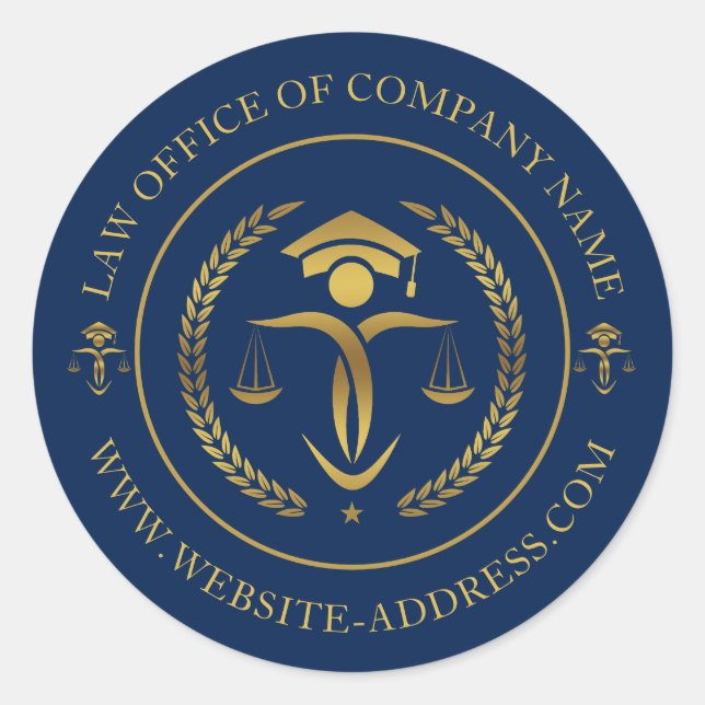 Adesivo Redondo Logótipo da Justiça Dourada com texto personalizad (Frente)