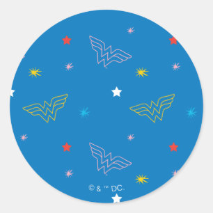 Adesivo Redondo Logotipo da Mulher-Maravilha e Estrelas Padrão Azu