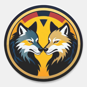 Adesivo Redondo Logotipo de Emblema de Lobo Duplo com Círculo Dour