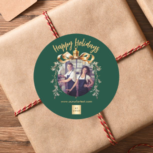 Adesivo Redondo logotipo de foto de equipe verde dourado de Natal