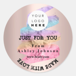 Adesivo Redondo Logotipo De obrigado Feito Com Amor Traça Rosa Bl