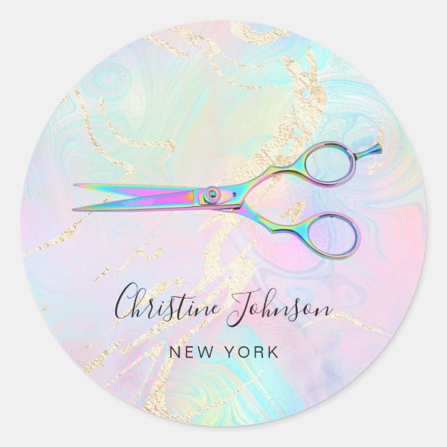 Adesivo Redondo logotipo de tesoura no faux holographic design (Frente)