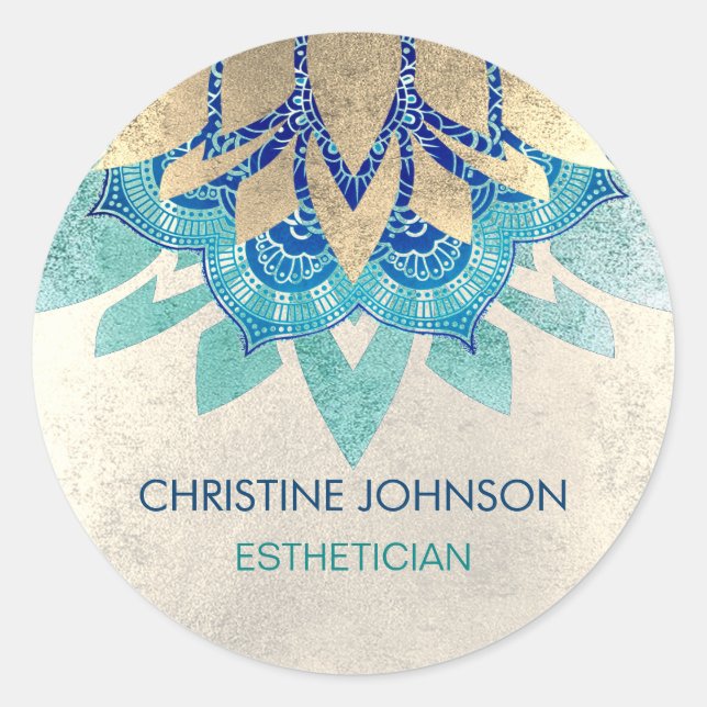 Adesivo Redondo logotipo do lótus dourado azul-lacre (Frente)