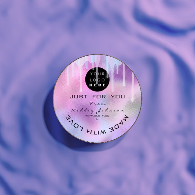 Adesivo Redondo Logotipo do Obrigado brilhante Hológrafo de Metal  (Glitter Thank Logo Holograph Metal Pink Purple Classic Round Sticker)