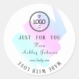 Adesivo Redondo Logotipo do obrigado feito com amor branco rosa az